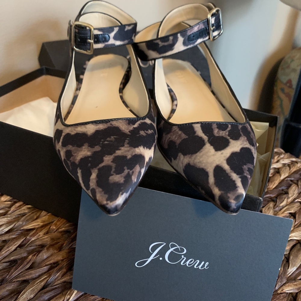 Jcrew satin leopard ankle strap flats. Size 7.